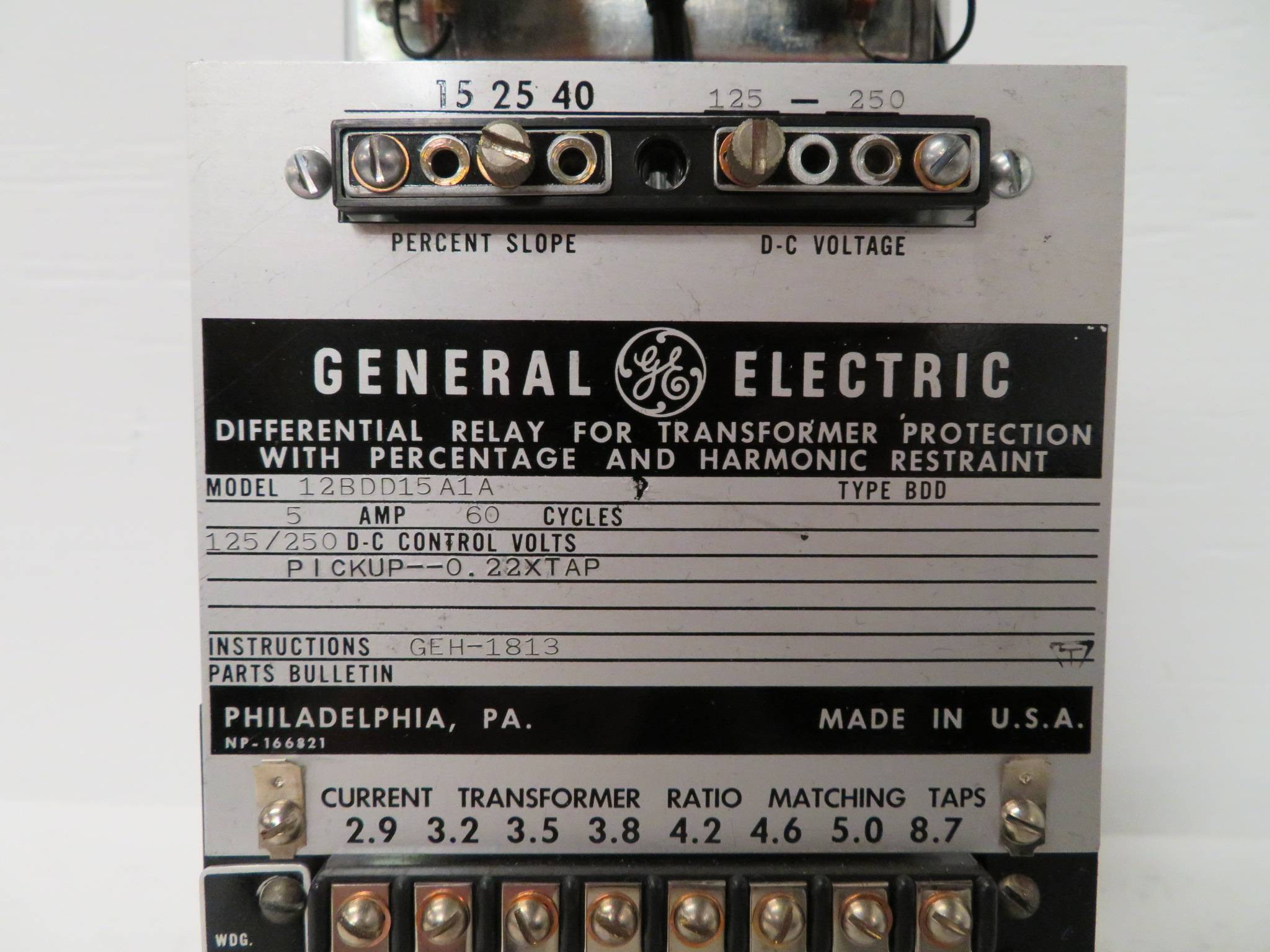 GE 12BDD15A15A Differential Relay Transformer Protection Harmonic